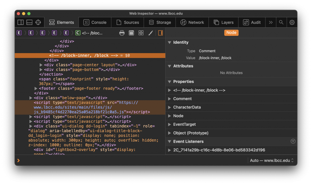 DevTools open showing an HTML comment highlighted in orange.