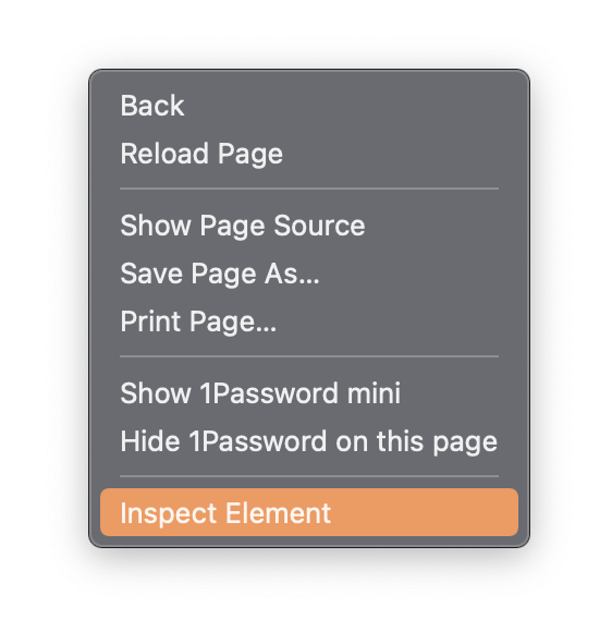Contextual menu with the Inspect Element option highlighted in orange.